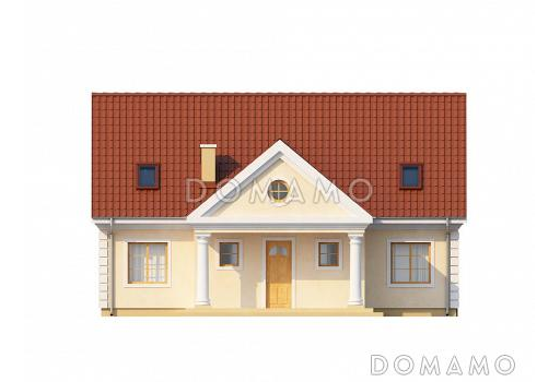 Проект просторного мансардного дома из газобетона с дополнительной спальней на первом этаже, с колоннами и фронтоном / Фасад 3