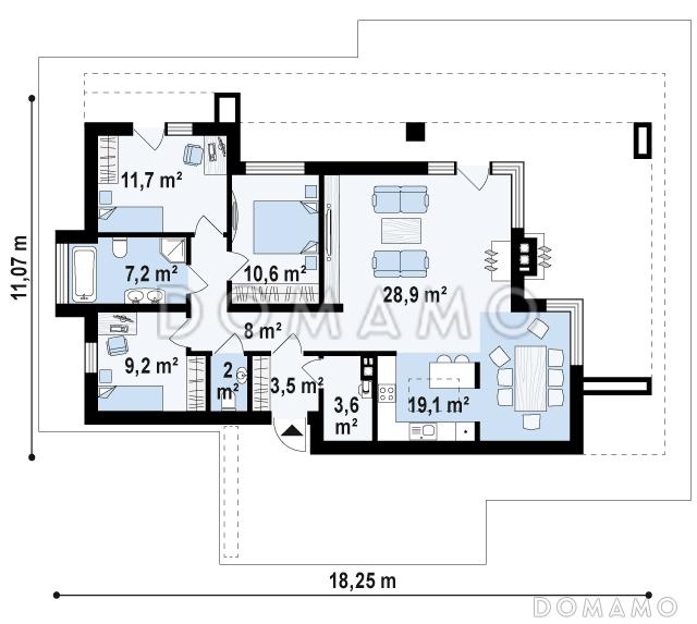 Проект одноэтажного дома из кирпича с плоской крышей, большой площадью остекления и крытой террасой / План 1 этажа