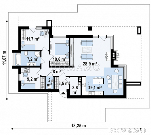 Проект одноэтажного дома из кирпича с плоской крышей, большой площадью остекления и крытой террасой / План 1 этажа Проект одноэтажного дома из кирпича с плоской крышей, большой площадью остекления и крытой террасой / План 1 этажа