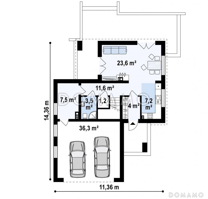 Проект современного двухэтажного дома из кирпича в стиле кубизм с пристроенным гаражом для двух автомобилей / План 1 этажа