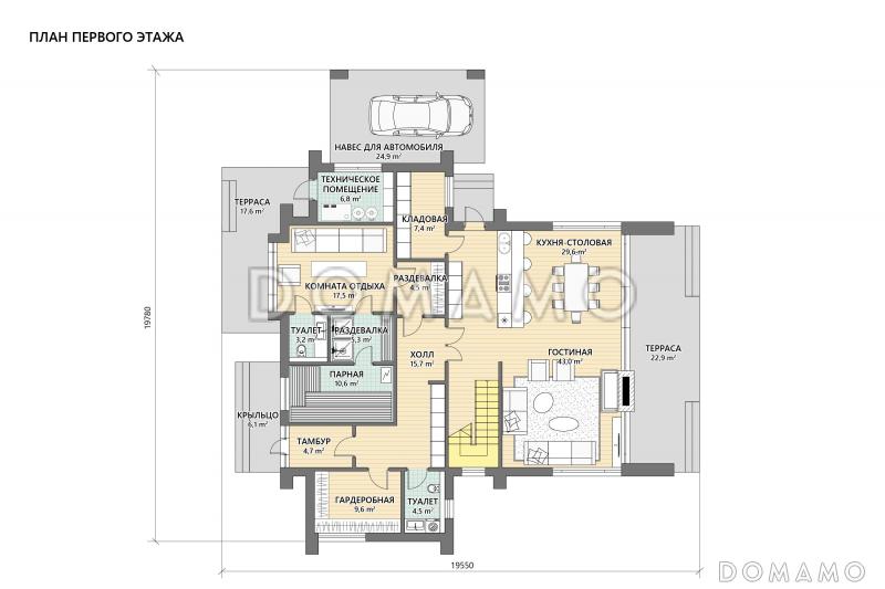 Проект кирпичного дома в стиле барнхаус с мастер-спальней, СПА зоной и автонавесом / План 1 этажа