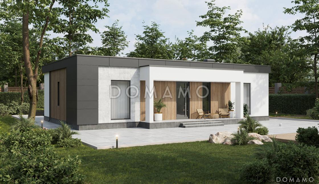 Проект одноэтажного газобетонного дома в стиле хай-тек с двумя спальнями, кабинетом и крытой террасой / 1