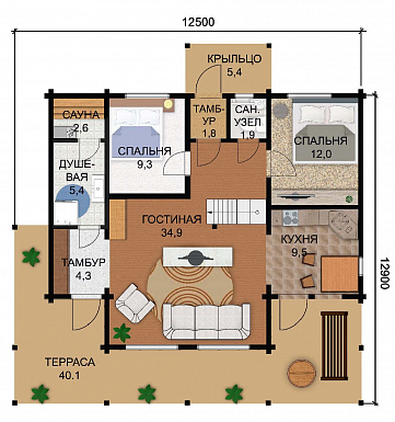 Проект дома из клееного бруса с одной небольшой спальней на мансардном этаже / План 1 этажа