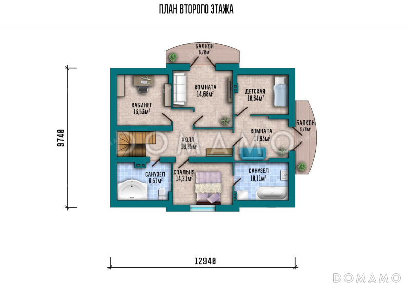 Проект одноэтажного дома с мансардой, большой террасой и подвалом / План мансардного этажа Проект одноэтажного дома с мансардой, большой террасой и подвалом / План мансардного этажа