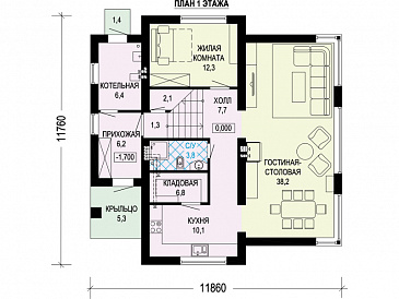 Проект просторного двухэтажного дома из пенобетона и кирпича с пятью комнатами / План 1 этажа
