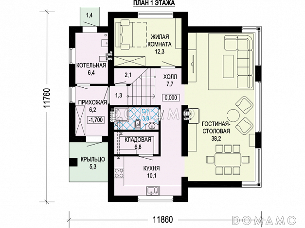 Проект просторного двухэтажного дома из пенобетона и кирпича с пятью комнатами / План 1 этажа