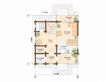 Проект дома из клееного бруса с мансардой и двумя балконами на втором этаже / План 1 этажа Проект дома из клееного бруса с мансардой и двумя балконами на втором этаже / План 1 этажа