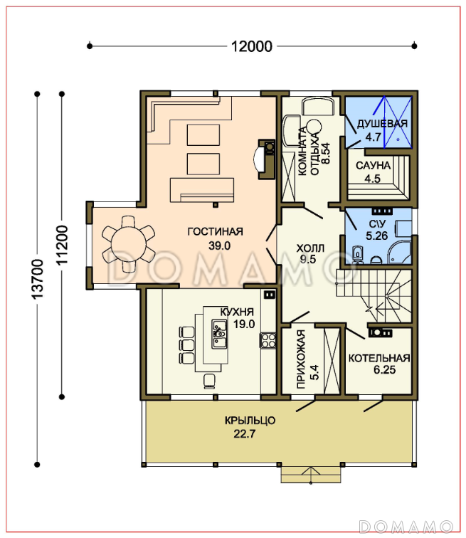 Проект современного загородного двухэтажного дома с сауной / План 1 этажа