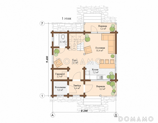 Проект дома из клееного бруса с мансардой и двумя балконами на втором этаже / План 1 этажа Проект дома из клееного бруса с мансардой и двумя балконами на втором этаже / План 1 этажа