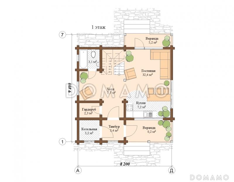 Проект дома из клееного бруса с мансардой и двумя балконами на втором этаже / План 1 этажа