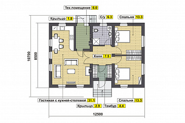 Проект дома по технологии ЛСТК с гостиной, кухней-столовой, спальнями / План 1 этажа Проект дома по технологии ЛСТК с гостиной, кухней-столовой, спальнями / План 1 этажа