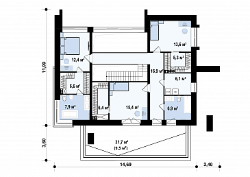 Проект кирпичного дома с кабинетом, гаражом на 2 машины и террасой на втором этаже / План 2 этажа Проект кирпичного дома с кабинетом, гаражом на 2 машины и террасой на втором этаже / План 2 этажа