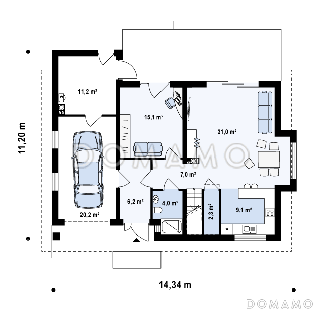 Проект одноэтажного мансардного дома из газобетона с кабинетом, четырьмя спальнями, техническим помещением и гаражом / План 1 этажа