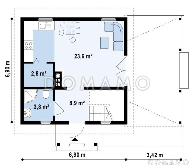 Проект компактного мансардного дома из газобетона с тремя спальнями и крытой террасой / План 1 этажа