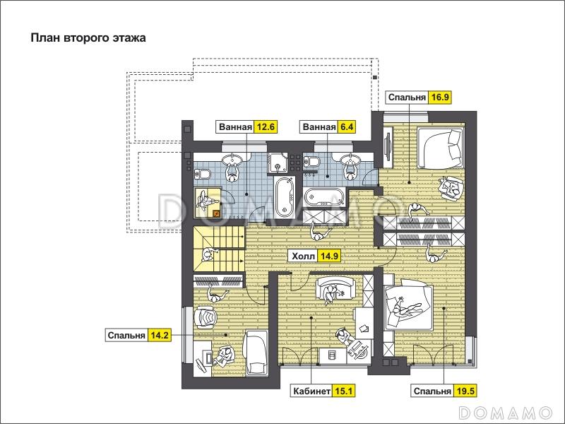 Проект дома с летней кухней на крытой террасе, спальней на первом этаже, просторной столовой-гостиной, хозблоком, французским балконом в кабинете и спальне на втором этаже / План 2 этажа