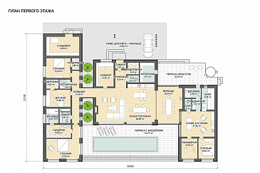Проект одноэтажного дома из газобетона с 4 спальнями, кабинетом, зоной отдыха и бассейном / План 1 этажа Проект одноэтажного дома из газобетона с 4 спальнями, кабинетом, зоной отдыха и бассейном / План 1 этажа