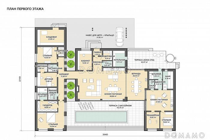Проект одноэтажного дома из газобетона с 4 спальнями, кабинетом, зоной отдыха и бассейном / План 1 этажа Проект одноэтажного дома из газобетона с 4 спальнями, кабинетом, зоной отдыха и бассейном / План 1 этажа