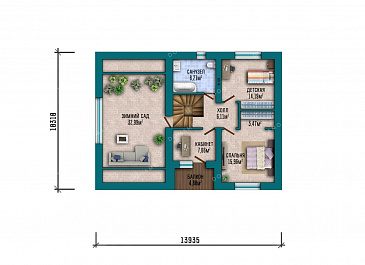 Проект современного двухэтажного дома с просторным гаражом, балконом, совмещенной кухней-гостиной и большим зимним садом на втором этаже / План 2 этажа Проект современного двухэтажного дома с просторным гаражом, балконом, совмещенной кухней-гостиной и большим зимним садом на втором этаже / План 2 этажа