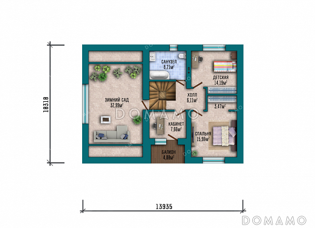Проект современного двухэтажного дома с просторным гаражом, балконом, совмещенной кухней-гостиной и большим зимним садом на втором этаже / План 2 этажа Проект современного двухэтажного дома с просторным гаражом, балконом, совмещенной кухней-гостиной и большим зимним садом на втором этаже / План 2 этажа