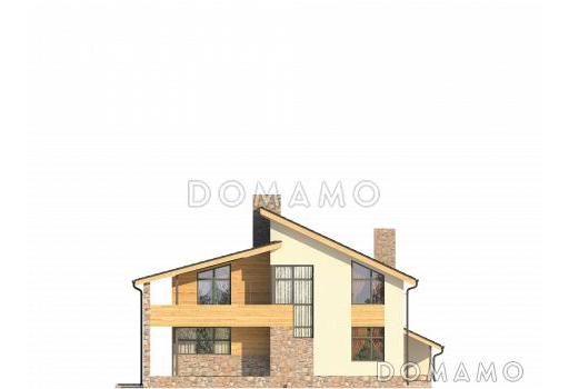 Проект дома с гаражом и навесом для автомобилей, просторной гостиной, спальней на первом этаже, террасой, вторым светом, длинным балконом / Фасад 4