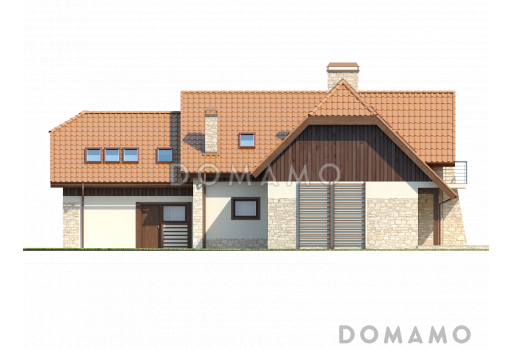 Проект просторного мансардного коттеджа из газобетона с пятью спальнями, кабинетом и гаражом / Фасад 2