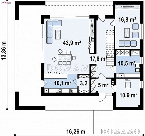 Проект современного двухэтажного дома из кирпича с подземным гаражом и террасой на втором этаже по периметру дома / План 1 этажа