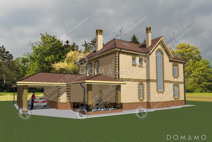 Проект коттеджа с гаражом и навесом для машины