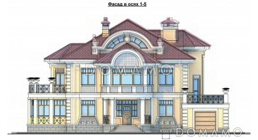 Проект коттеджа с двусветной гостиной, гаражом и террасой / Фасад 1