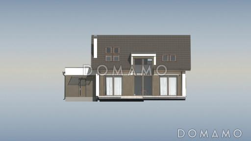 Проект одноэтажного коттеджа из кирпича с мансардным этажом, большой светлой гостиной и пристроенным гаражом / Фасад 1