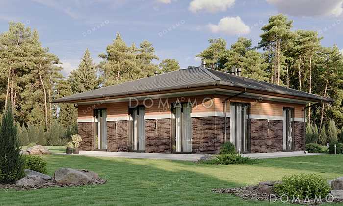 Проект одноэтажного дома с окнами в пол, тремя спальнями и выходом из гостиной в сад Проект одноэтажного дома с окнами в пол, тремя спальнями и выходом из гостиной в сад