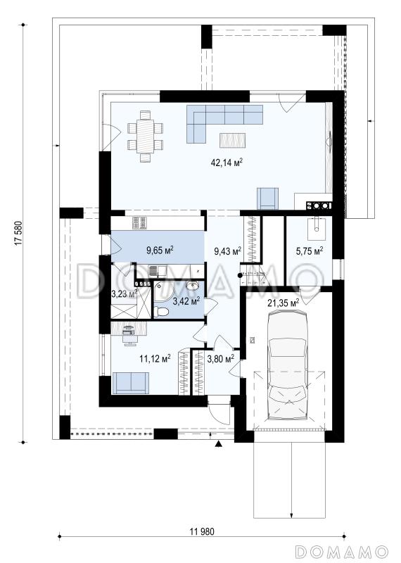 Проект современного двухэтажного дома из газобетона с плоской крышей, четырьмя комнатами, вторым светом и гаражом / План 1 этажа