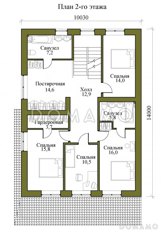 Проект трехэтажного кирпичного дома с пятью спальнями, холодным чердаком и подвалом / План 2 этажа