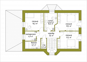 Проект коттеджа с эркером и французскими балконами. / План мансардного этажа