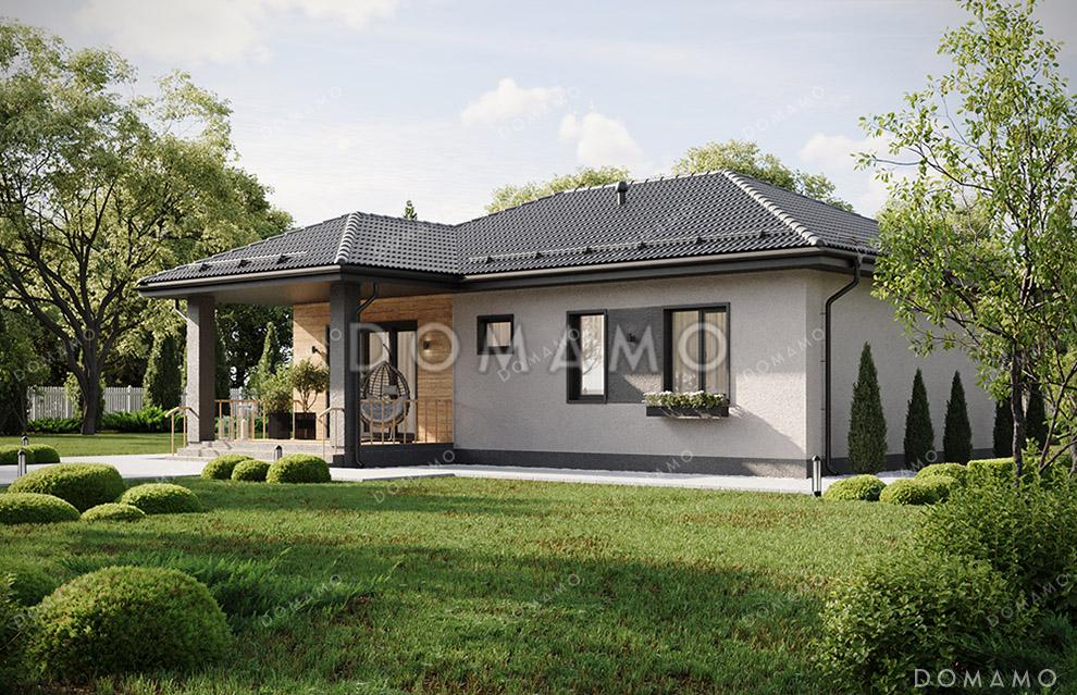 Проект компактного одноэтажного дома с общей вальмовой кровлей над входной группой и террасой и комбинированной отделкой фасада декоративной штукатуркой и планкеном / 3