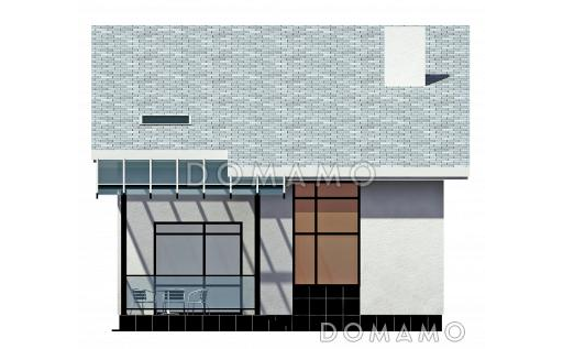 Загородный дом из СИП панелей с односкатной крышей, круглым окном, крытой террасой и вторым светом / Фасад 1