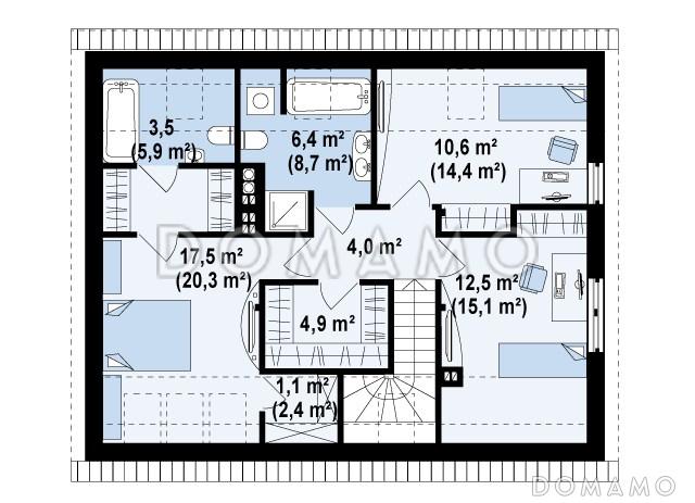 Проект одноэтажного мансардного дома из кирпича с частично крытой террасой и гаражом / План мансардного этажа
