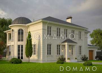 Проект двухэтажного дома в византийском стиле из газобетона с двумя круглыми эркерами и гаражом