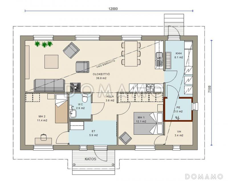 Проект одноэтажного каркасного дома с подсобным помещением / План 1 этажа