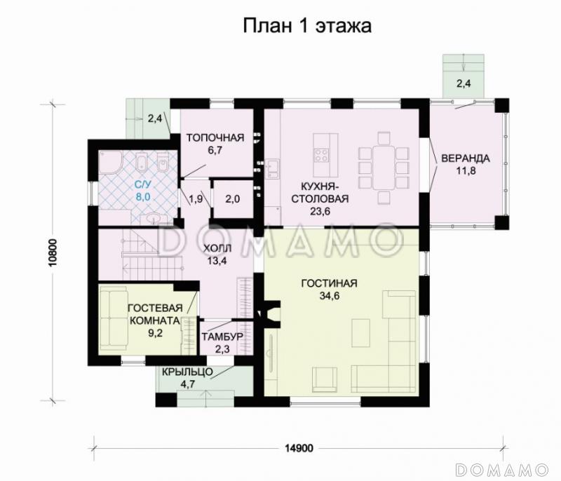 Проект загородного дома с темно-коричневой двускатной крышей и просторной гостиной с камином / План 1 этажа