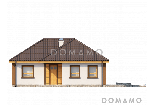 Проект небольшого одноэтажного дома из кирпича с тремя спальнями и красивой угловой террасой / Фасад 1