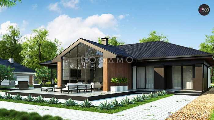 Проект комфортного одноэтажного дома из кирпича с отделённой зоной сна, гостевой комнатой и гаражом