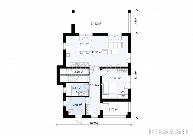 Проект дома в стиле Хай-тек с эксплуатируемой кровлей S-182 / План 1 этажа Проект дома в стиле Хай-тек с эксплуатируемой кровлей S-182 / План 1 этажа