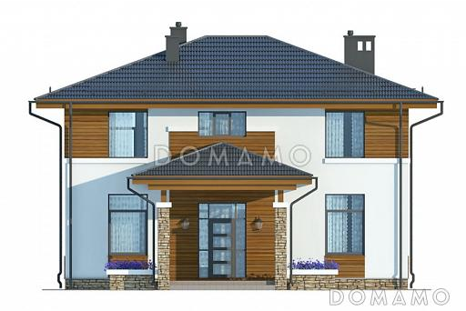 Проект белого коттеджа с панорамным окном гостиной / Фасад 1