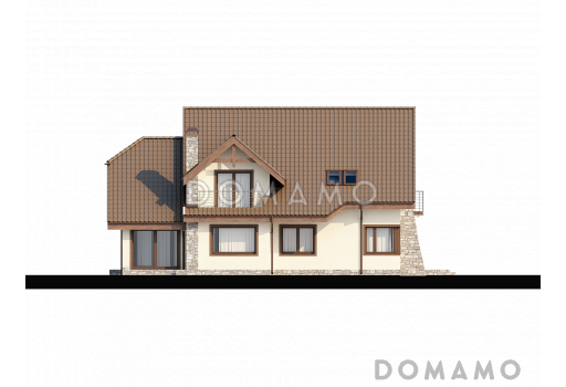 Проект просторного одноэтажного мансардного дома из газобетона с пятью комнатами, балконом и гаражом / Фасад 3