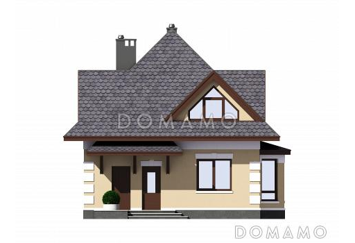 Проект одноэтажного дома из газобетона с мансардой, эркером, треугольными окнами и шатровой ломанной крышей / Фасад 2