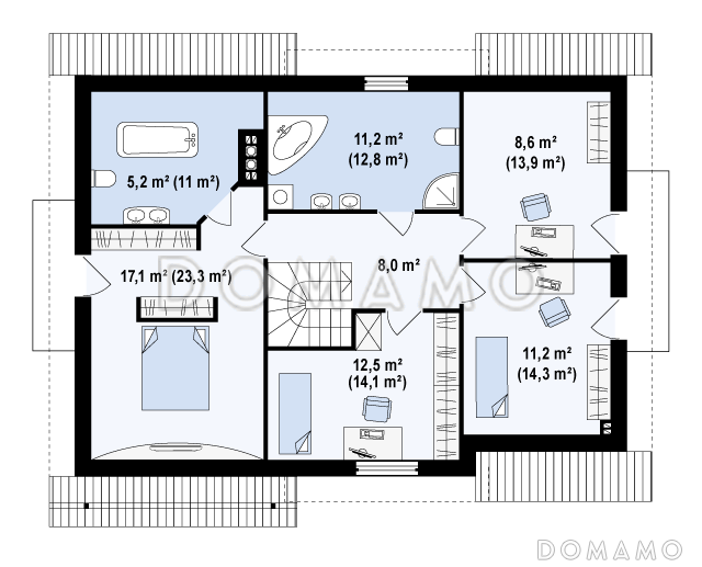 Проект одноэтажного мансардного дома из газобетона с балконом, с четырьмя спальнями и встроенным гаражом / План мансардного этажа
