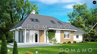 Проект одноэтажного мансардного дома из газобетона с кабинетом, угловым окном в гостиной и гаражом Проект одноэтажного мансардного дома из газобетона с кабинетом, угловым окном в гостиной и гаражом