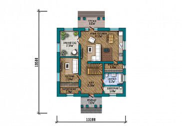 Проект дома с 3 спальнями, зимним садом и кладовой на кухне / План 1 этажа