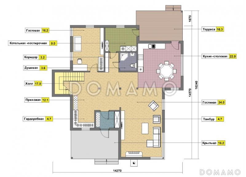 Проект двухэтажного дома из пеноблоков с большими окнами / План 1 этажа