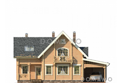 Проект деревянного дома с небольшой парной, просторной террасой и навесом для машины / Фасад 1